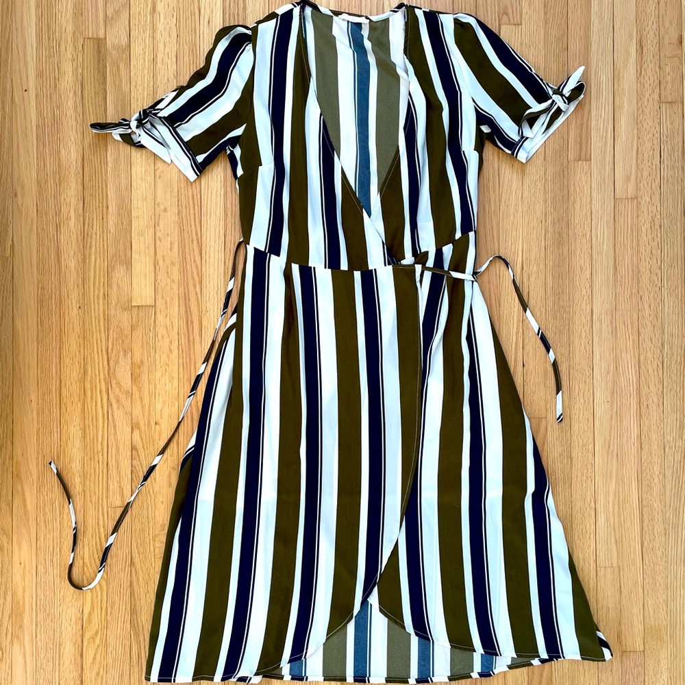 Navy and Olive Striped Wrap Dress